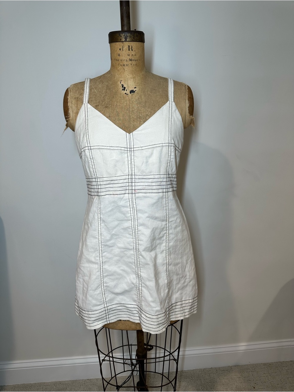 White Mini Dress with Contrast Stitching - Sleeveless V-Neck